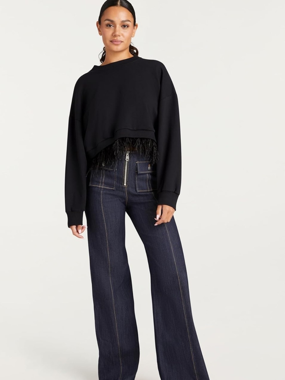 Cinq a Sept Albertine Black Sweatshirt with feather hem detail Size Medium